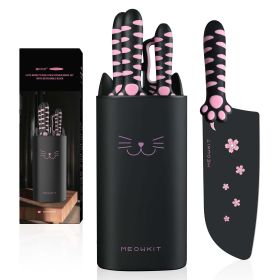 Meowkit 5-Piece Knife Set with Block, High Carbon Steel Extra Sharp Edge with Cat Paw Handle