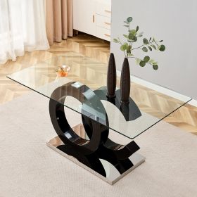 Large Modern Minimalist Rectangular Glass Dining Table for 6-8 with 0.39" Tempered Glass Tabletop and MDF OC-Shaped Bracket and metal base