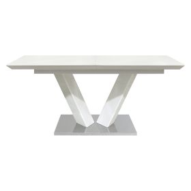 Sleek Contemporary Style Dining Table White High Gloss Finish Tabletop Self-Storing Extension Leaf V-shaped Support Chrome Base Plate Dining Room Furn