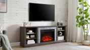 Large TV Desk Storage Rack with Faux Stacked Stone Surround,Media Console Table with Large Storage Cabinet,Modern TV Stand with 23" Fireplace Insert