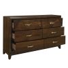 Modern Bedroom Walnut Finish 1pc Dresser of 6 Drawers Decorative Angled Front Satin Brass Tone Handles Wooden Furniture