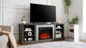 Large TV Desk Storage Rack with Faux Stacked Stone Surround,Media Console Table with Large Storage Cabinet,Modern TV Stand with 23" Fireplace Insert