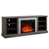 Large TV Desk Storage Rack with Faux Stacked Stone Surround,Media Console Table with Large Storage Cabinet,Modern TV Stand with 23" Fireplace Insert